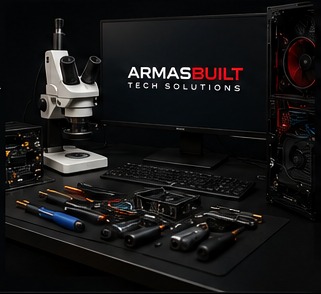 Dark electronics workbench with tools, microscope, desktop computer, and ArmasBuilt display