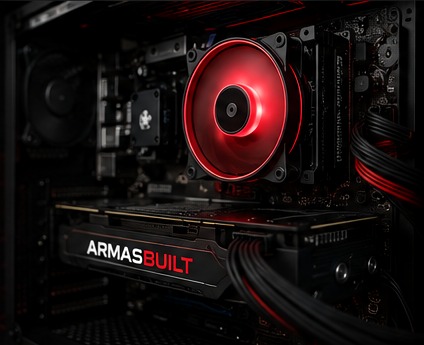 High-performance desktop computer with red illuminated cooling fan