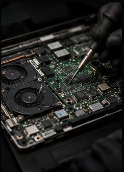 Close-up computer hardware being inspected during electronics repair
